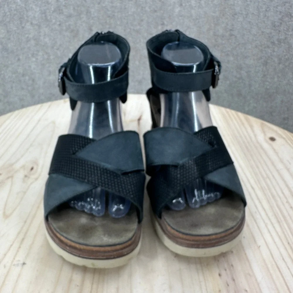 OTBT Teamwork Wedge Sandals 10M Black Grey Leather Ankle Strap Back Zip